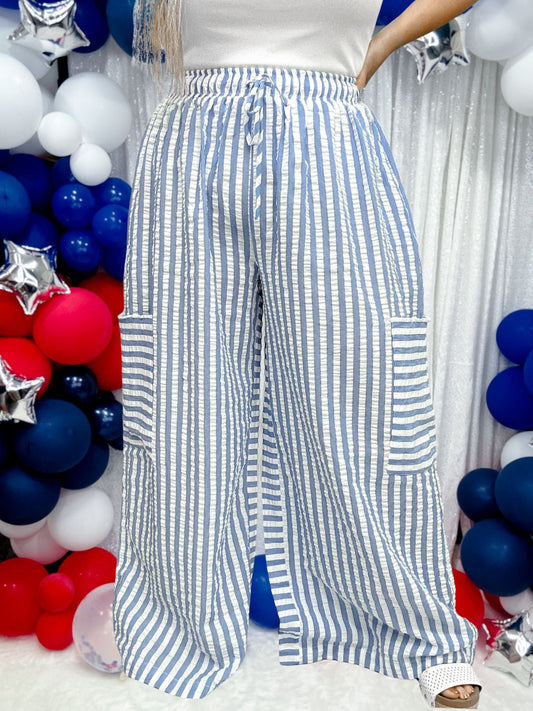 Blue & White Striped Wide Leg Lounge Pants - Whiskey Skies - ODDI