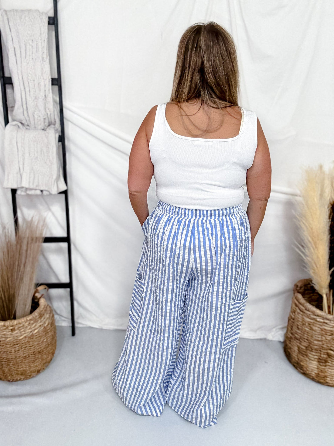 Blue & White Striped Wide Leg Lounge Pants - Whiskey Skies - ODDI