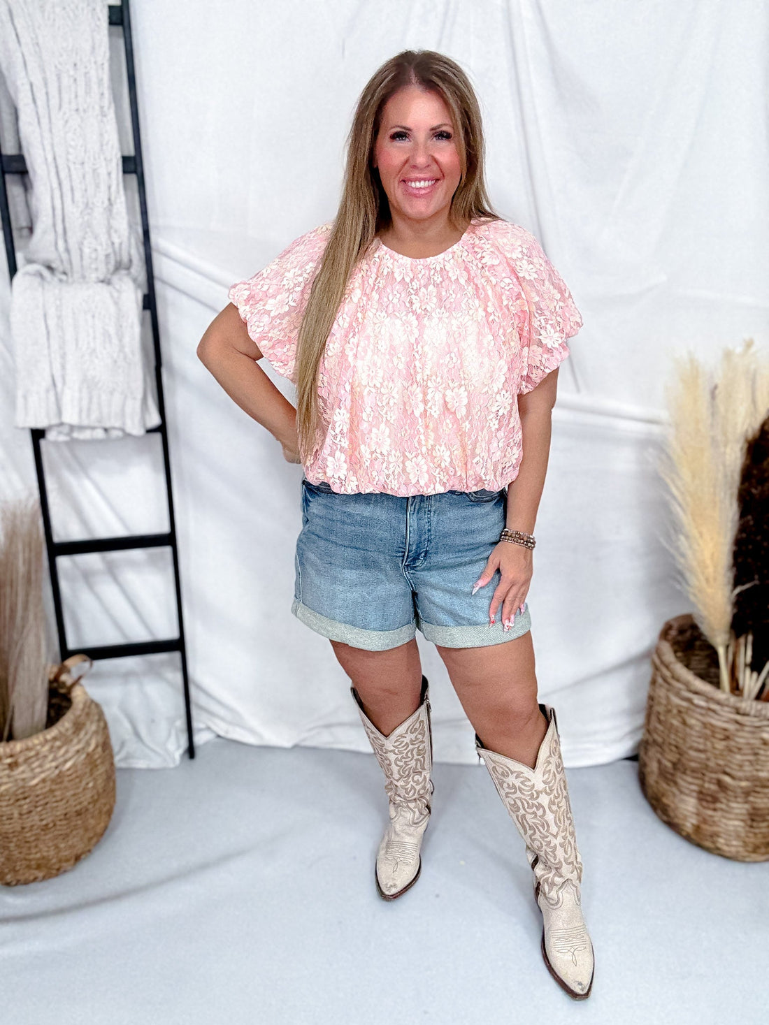 Blush Floral Lace Top With Bubble Hems & Shirred Neckline - Whiskey Skies - BIBI
