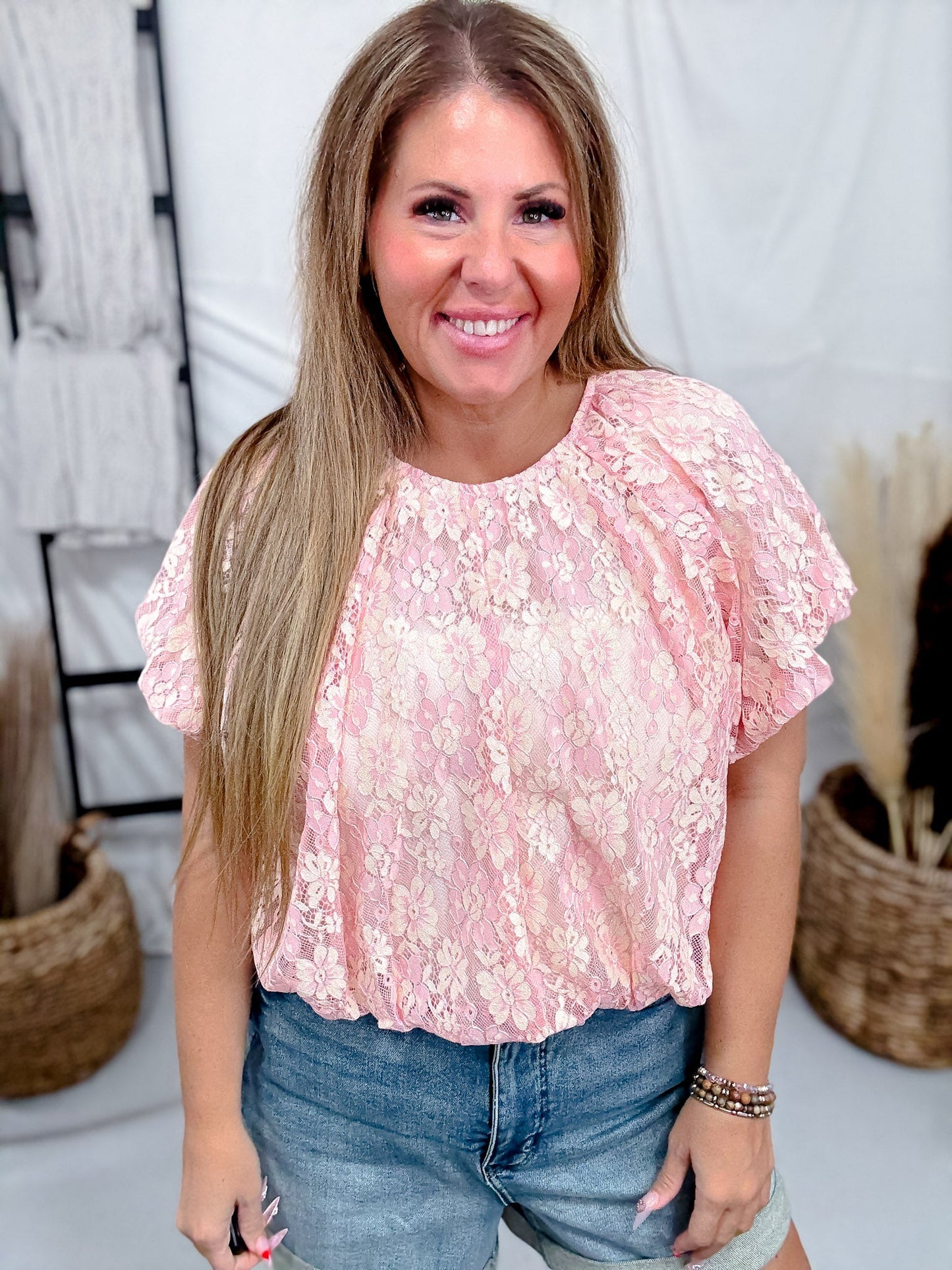 Blush Floral Lace Top With Bubble Hems & Shirred Neckline - Whiskey Skies - BIBI