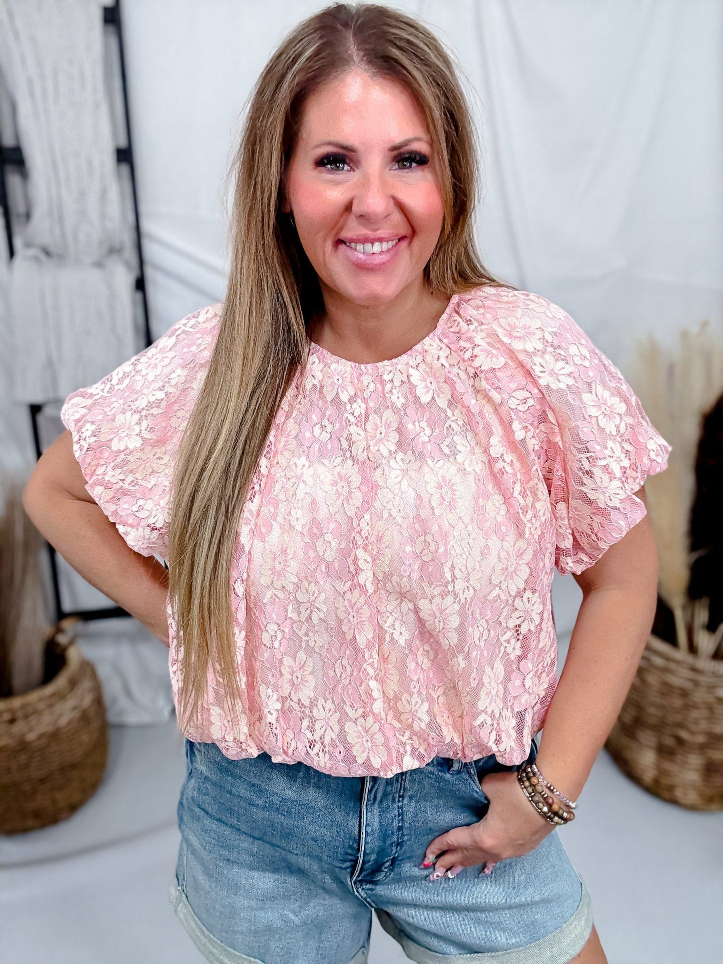 Blush Floral Lace Top With Bubble Hems & Shirred Neckline - Whiskey Skies - BIBI