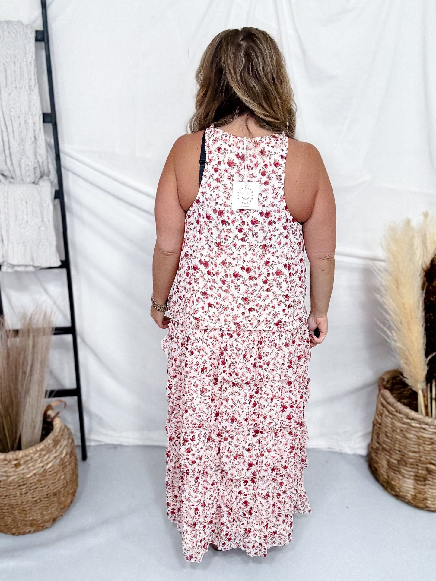 Blush Floral Print Lace High - Low Dress With Twist Straps - Whiskey Skies - POLAGRAM + BAEVELY
