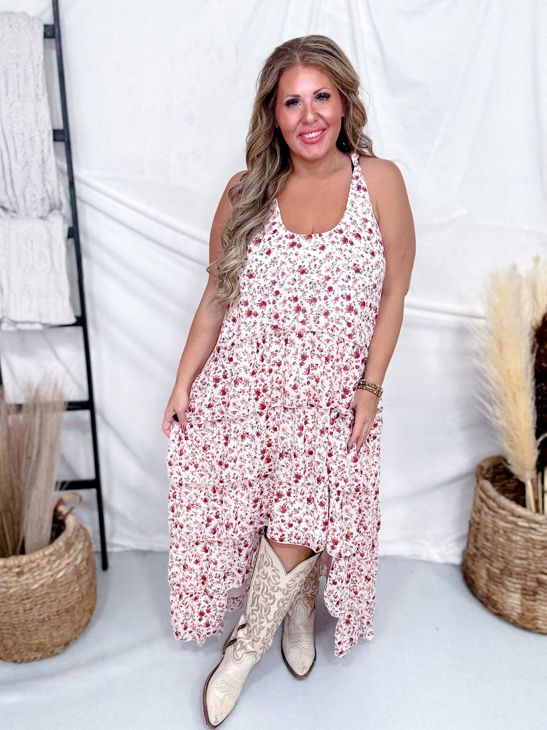 Blush Floral Print Lace High - Low Dress With Twist Straps - Whiskey Skies - POLAGRAM + BAEVELY