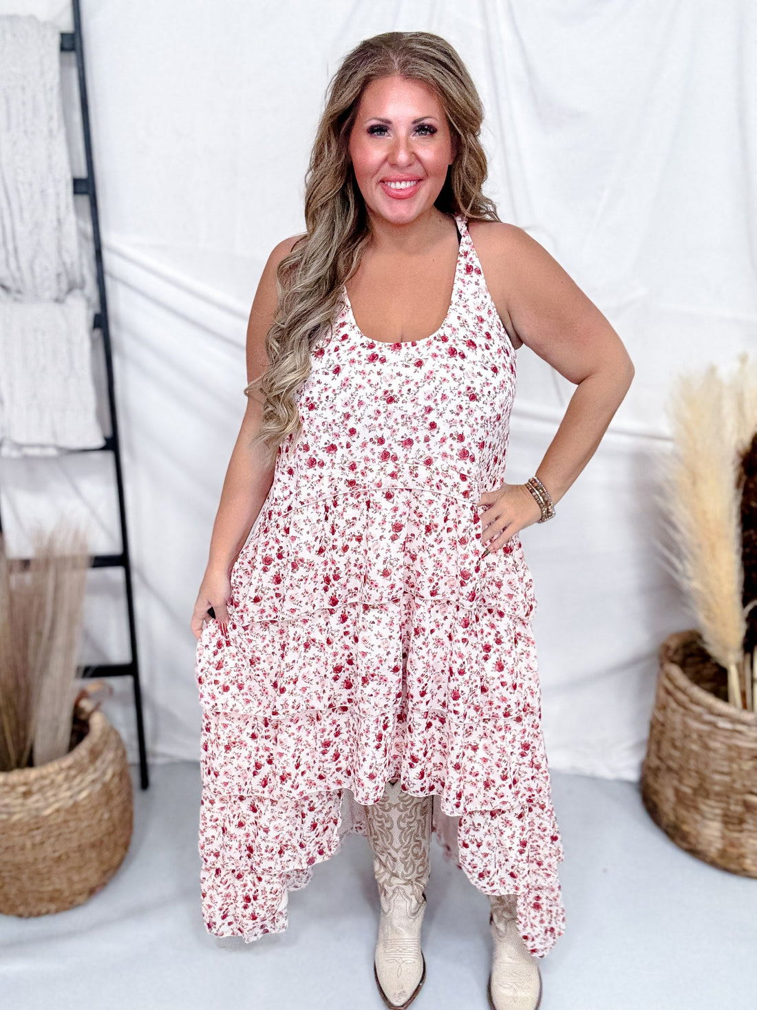 Blush Floral Print Lace High - Low Dress With Twist Straps - Whiskey Skies - POLAGRAM + BAEVELY
