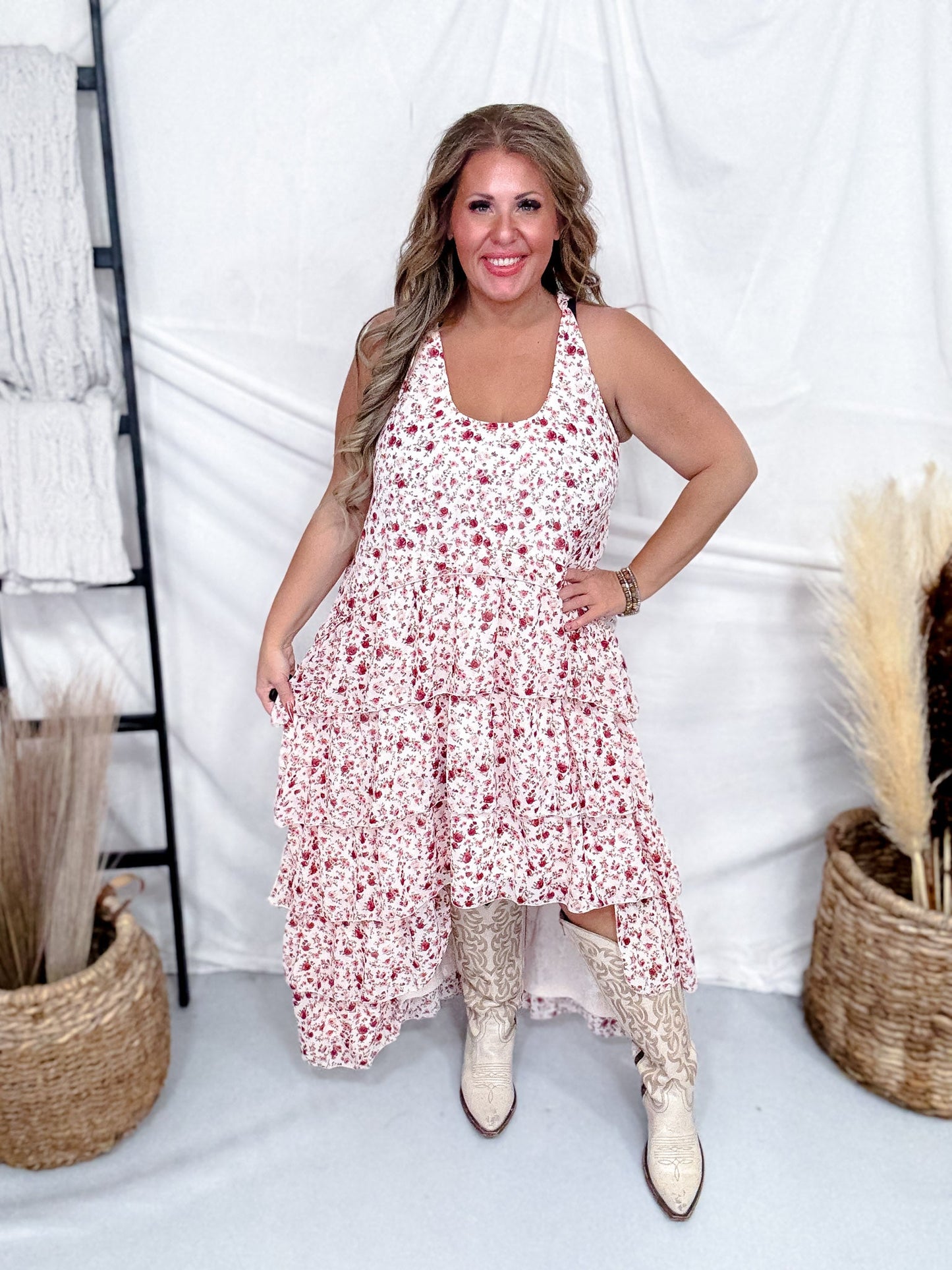 Blush Floral Print Lace High - Low Dress With Twist Straps - Whiskey Skies - POLAGRAM + BAEVELY