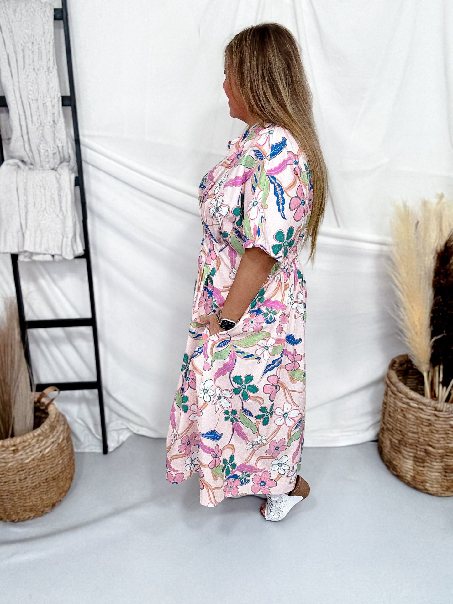 Blush Floral Print Poplin Midi Dress With Pintuck Waist - Whiskey Skies - EASEL