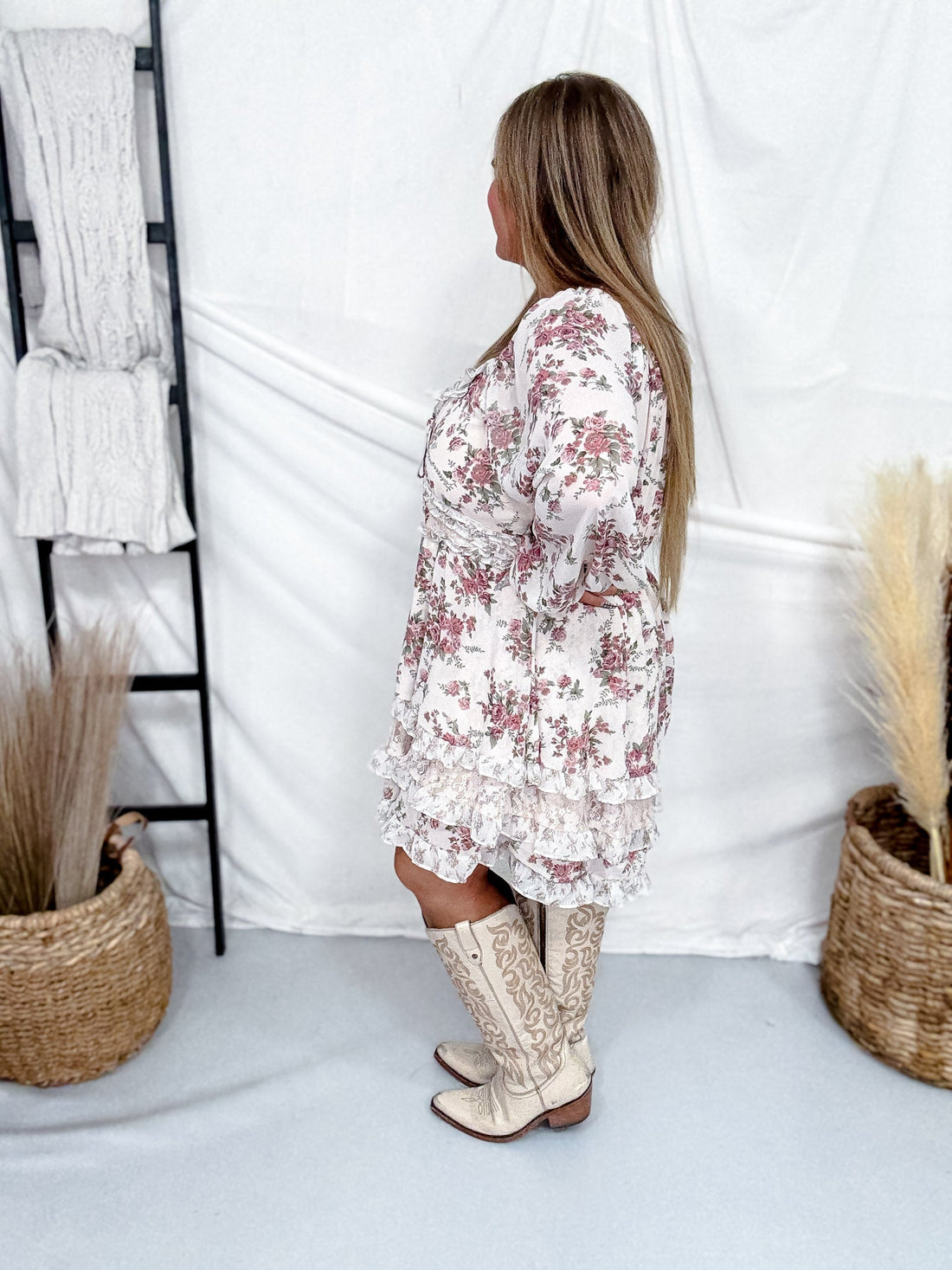 Blush Floral Print Ruffled Mini Dress With Lace Accents - Whiskey Skies - POLAGRAM + BAEVELY