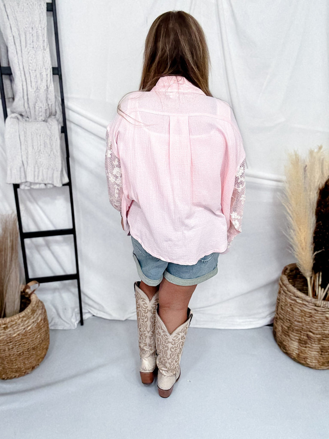 Blush Pink Crinkle Gauze Button Front Top With Embroidered Knit Sleeves - Whiskey Skies - BIBI