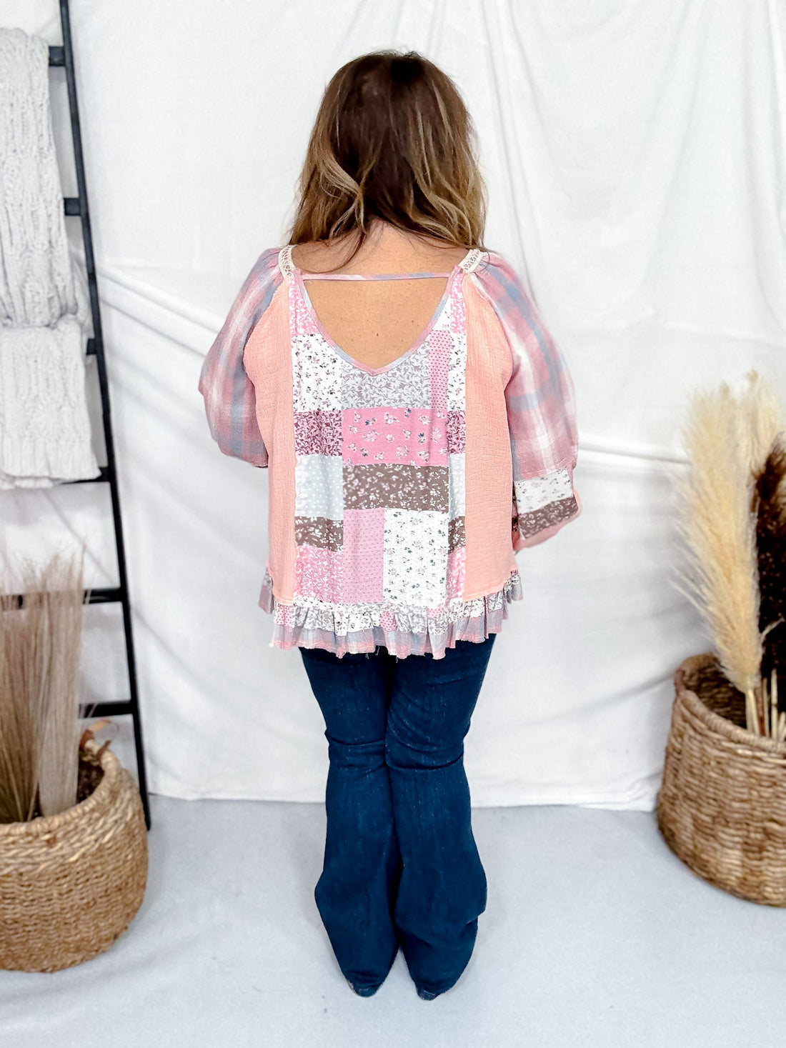 Blush Pink Square Neck Double Gauze Plaid Contrast Top - Whiskey Skies - POL CLOTHING INC.