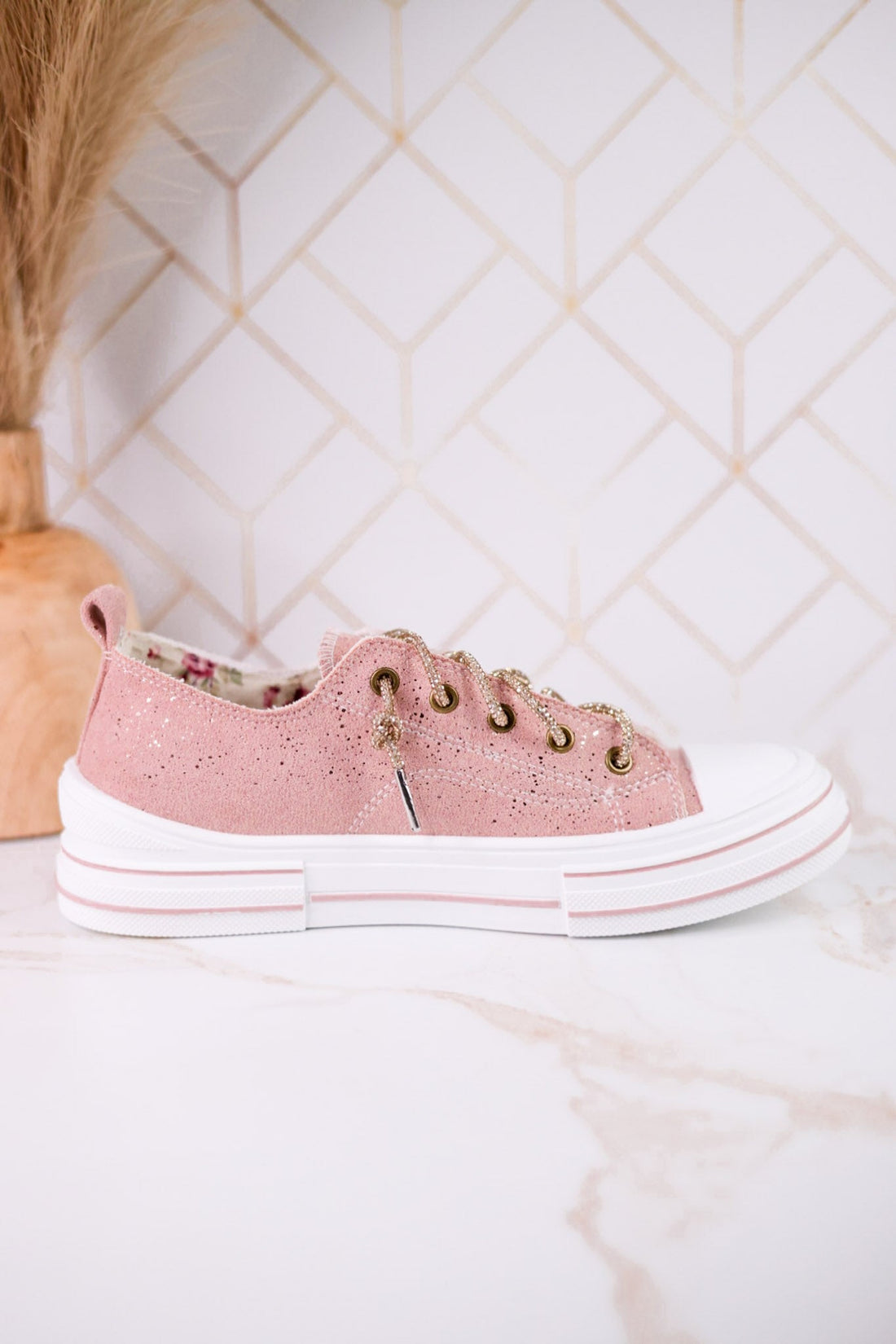 Blush Pink Suede Aman Sneakers With Metallic Splash - Whiskey Skies - VERY G