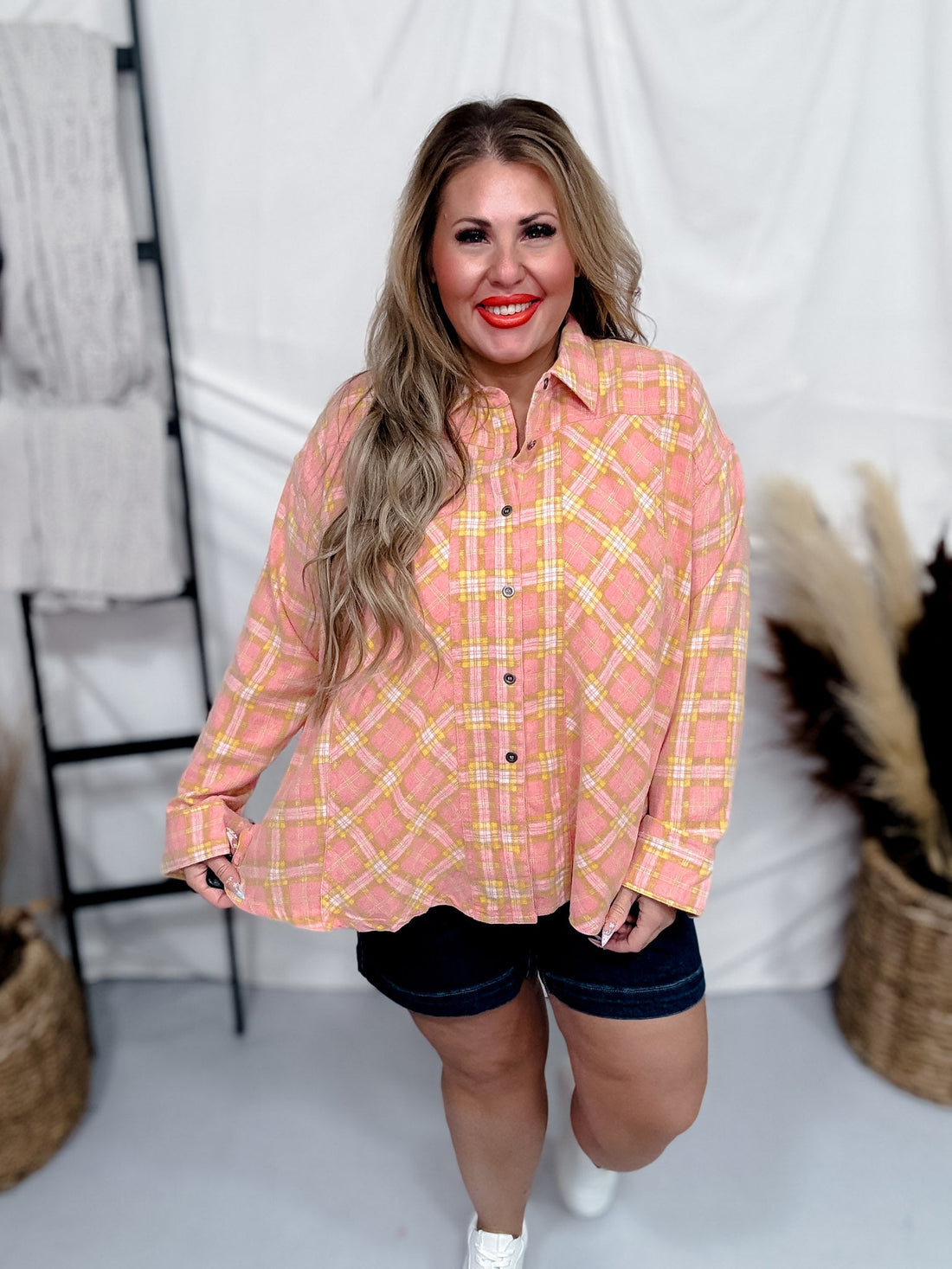 Blush Plaid Oversized Button Down Top - Whiskey Skies - EASEL