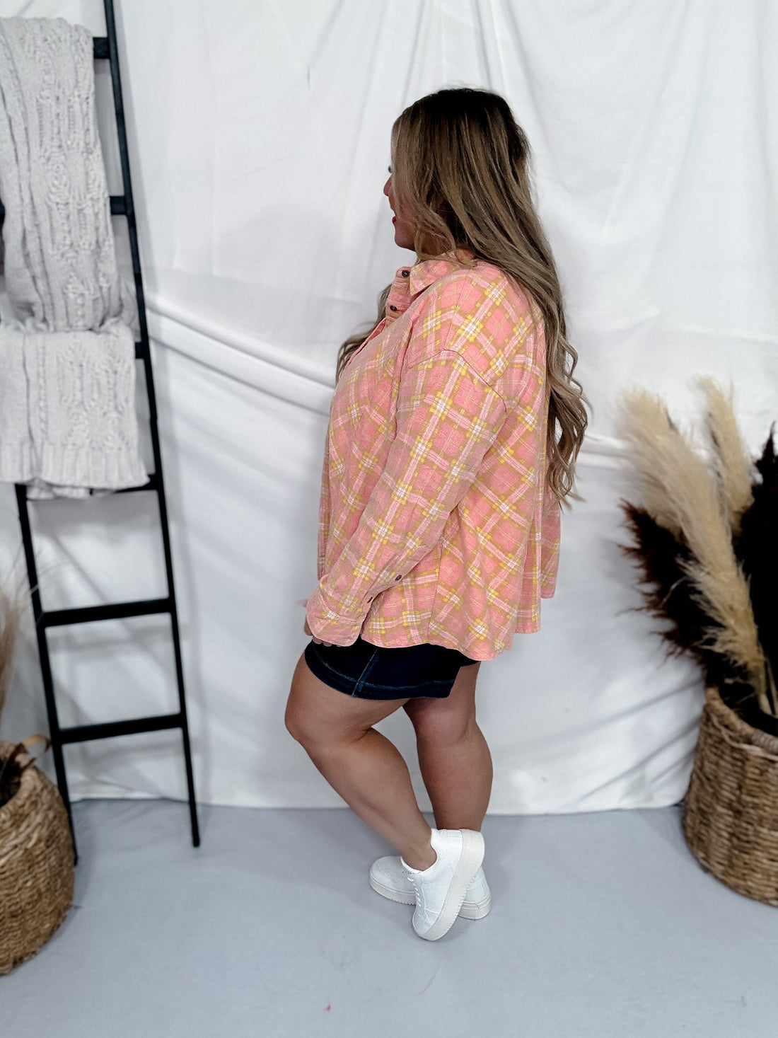 Blush Plaid Oversized Button Down Top - Whiskey Skies - EASEL