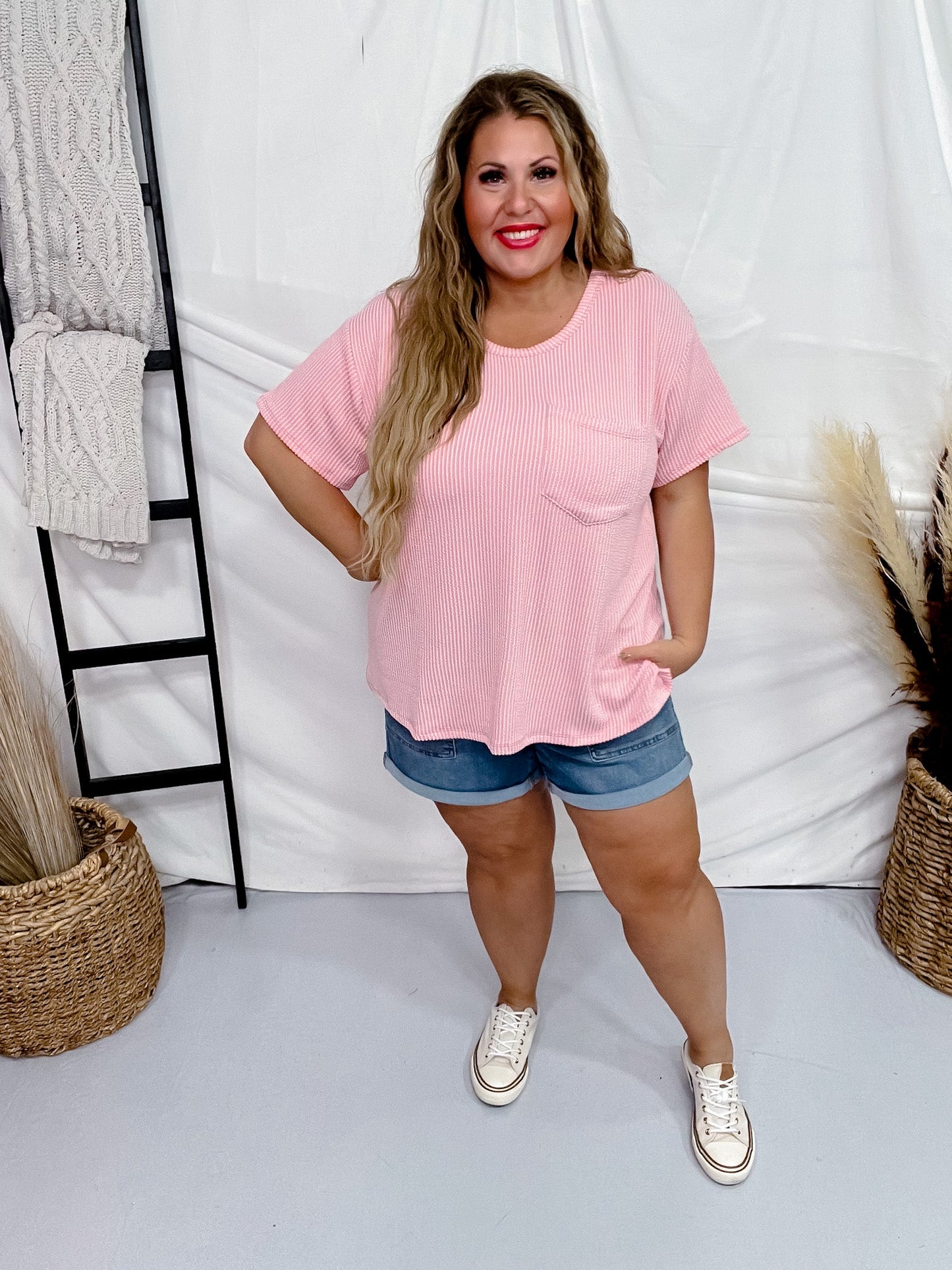 Blush Ribbed Short Sleeve Tunic Top - Whiskey Skies - ANDREE BY UNIT