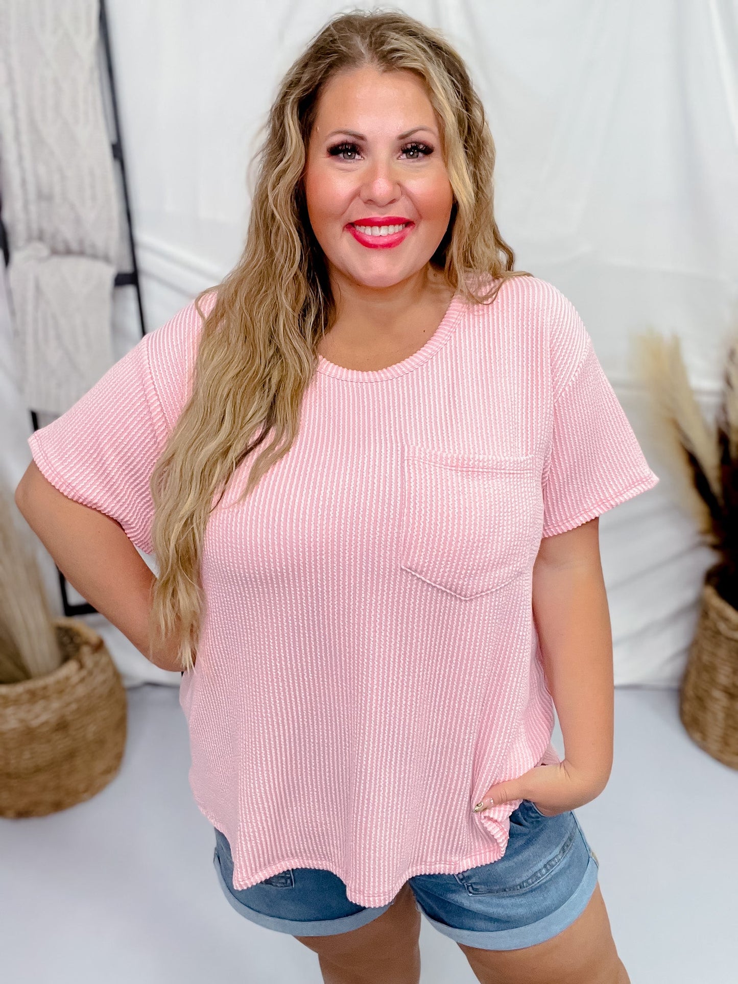 Blush Ribbed Short Sleeve Tunic Top - Whiskey Skies - ANDREE BY UNIT