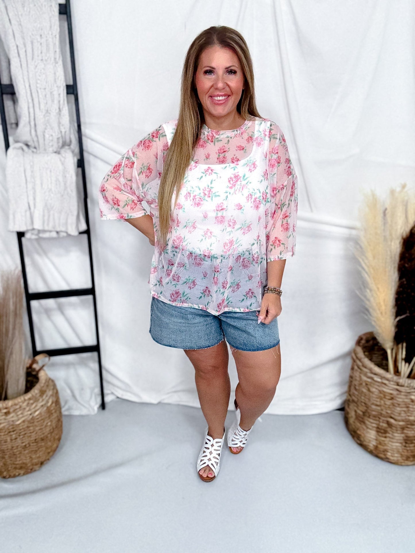 Blush Rose Print Short Sleeve Boxy Mesh Top - Whiskey Skies - BIBI