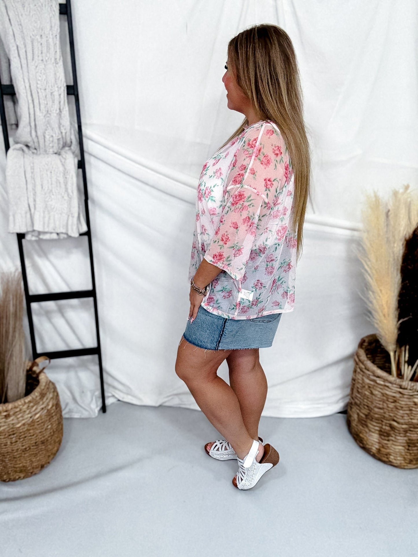 Blush Rose Print Short Sleeve Boxy Mesh Top - Whiskey Skies - BIBI