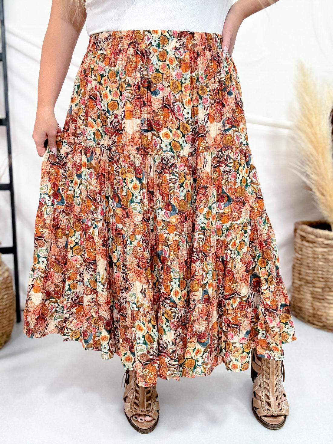 Bohemian Floral Elastic Waist Tiered Skirt - Whiskey Skies - HAYDEN