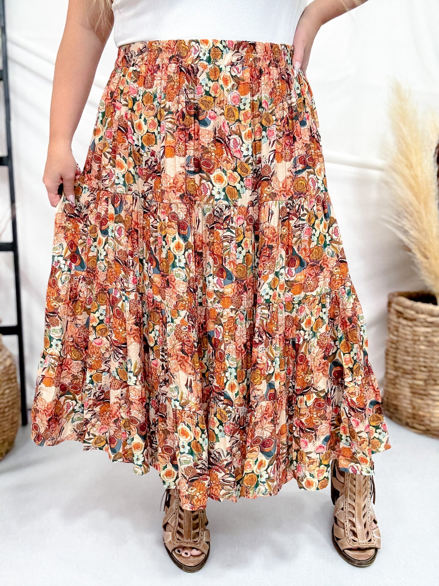 Bohemian Floral Elastic Waist Tiered Skirt - Whiskey Skies - HAYDEN