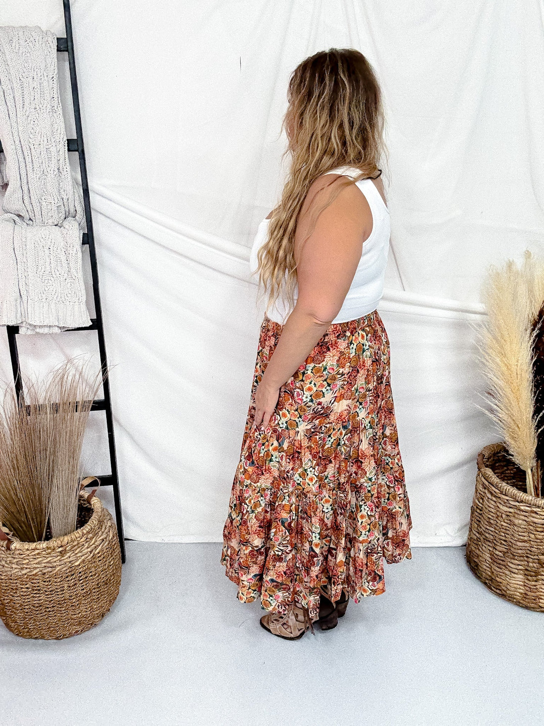 Bohemian Floral Elastic Waist Tiered Skirt - Whiskey Skies - HAYDEN