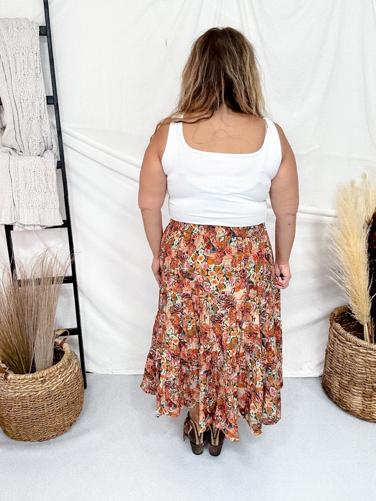 Bohemian Floral Elastic Waist Tiered Skirt - Whiskey Skies - HAYDEN