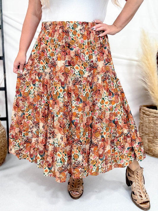 Bohemian Floral Elastic Waist Tiered Skirt - Whiskey Skies - HAYDEN