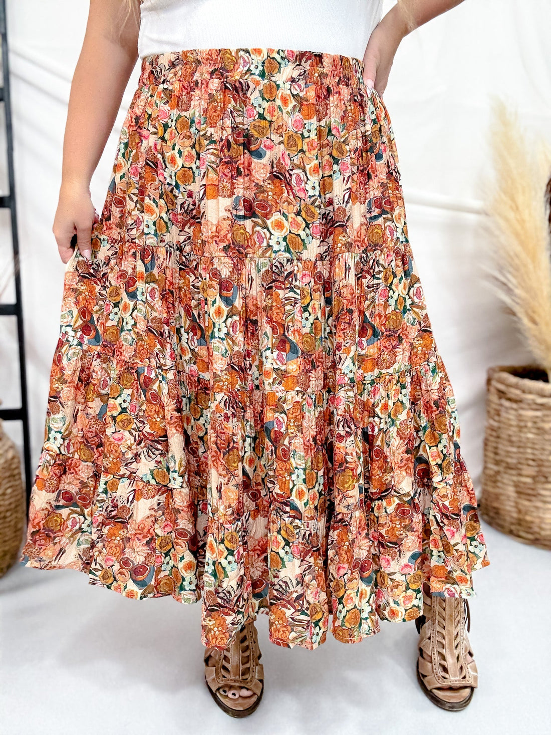 Bohemian Floral Elastic Waist Tiered Skirt - Whiskey Skies - HAYDEN