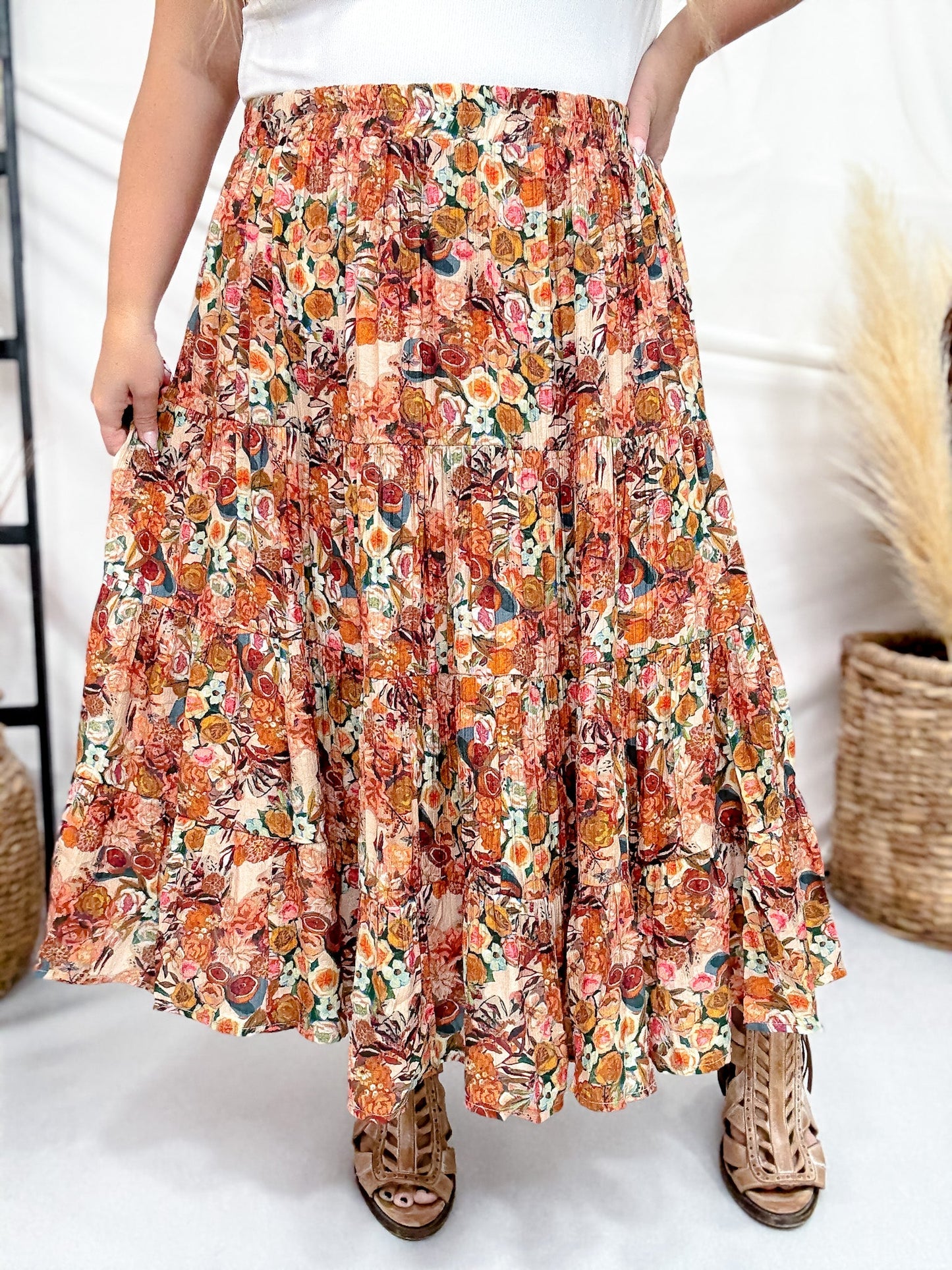 Bohemian Floral Elastic Waist Tiered Skirt - Whiskey Skies - HAYDEN