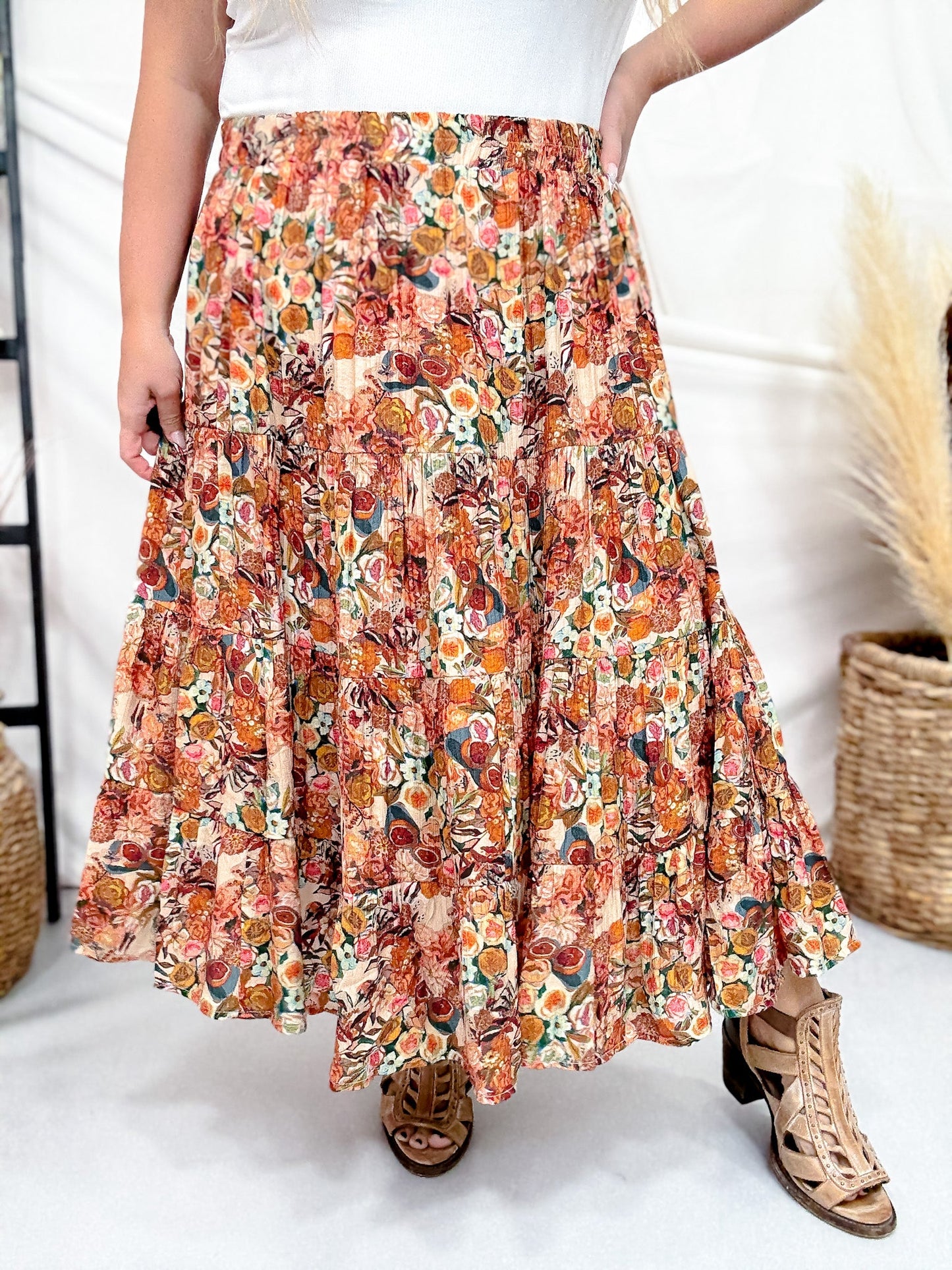 Bohemian Floral Elastic Waist Tiered Skirt - Whiskey Skies - HAYDEN