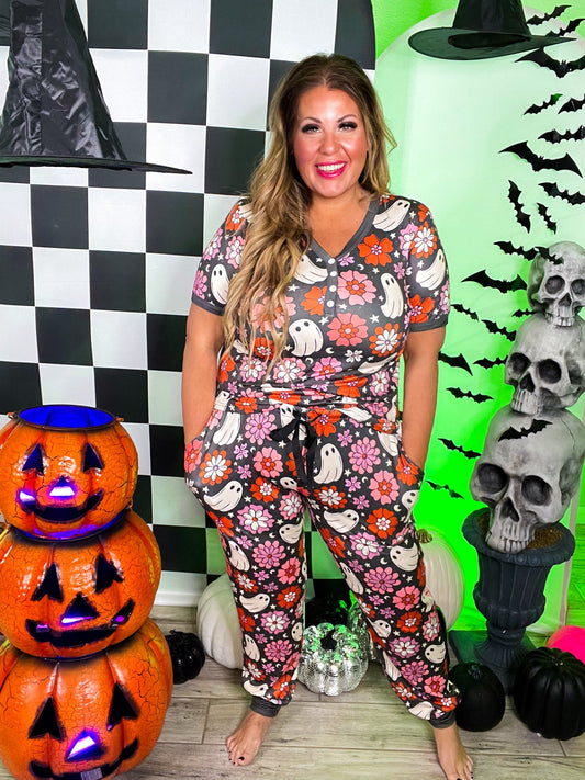 Boho Floral Ghost Short Sleeve Pajama Set - Whiskey Skies - SHIRLEY & STONE