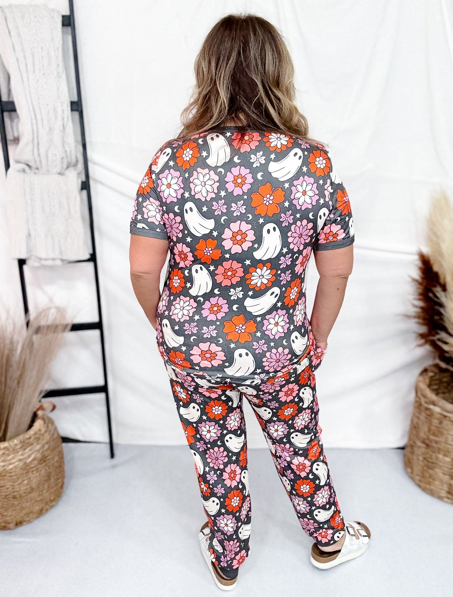 Boho Floral Ghost Short Sleeve Pajama Set - Whiskey Skies - SHIRLEY & STONE