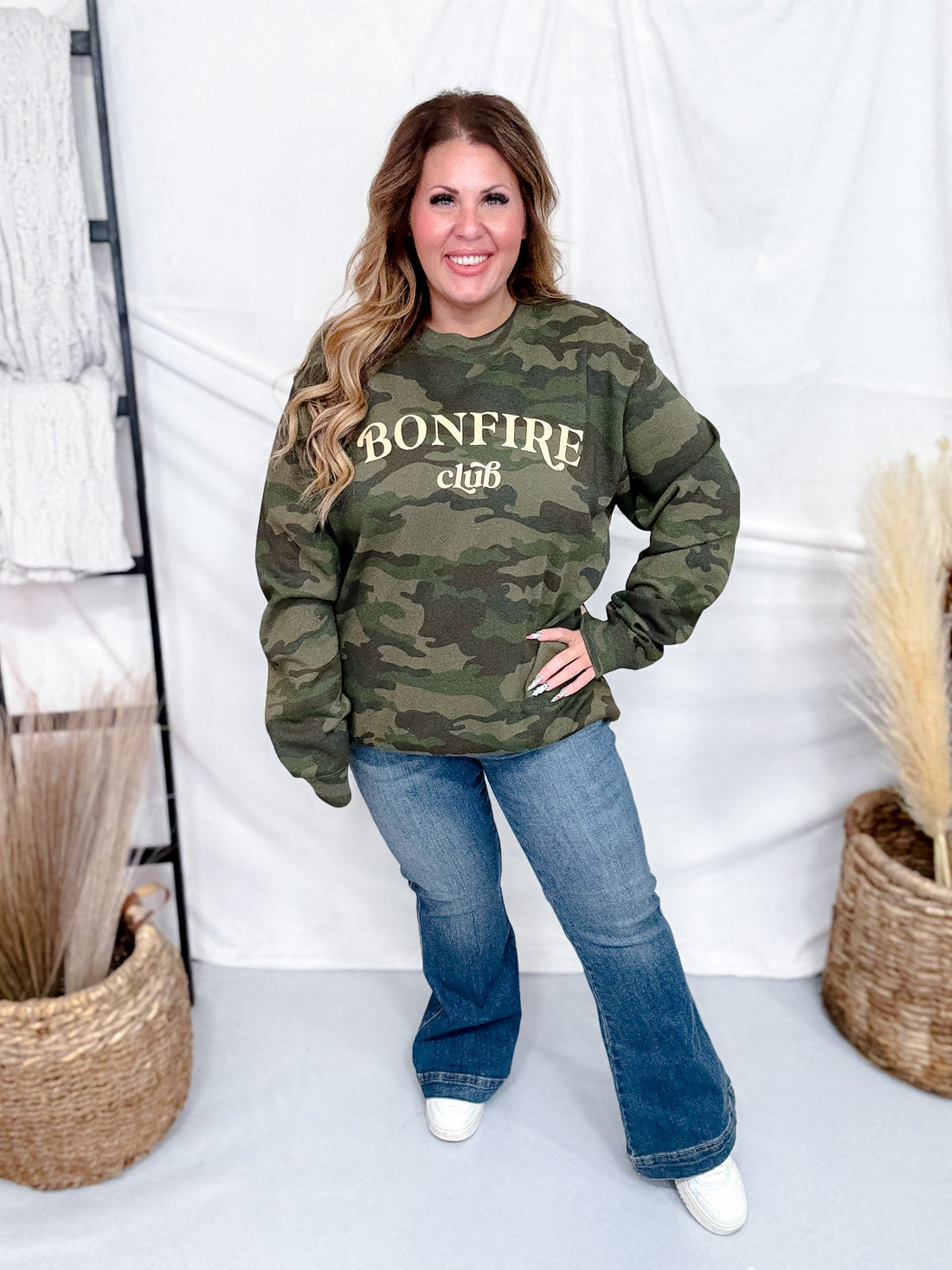 Bonfire Club Camo Long Sleeve Sweatshirt - Whiskey Skies - SOUTHERN BLISS COMPANY