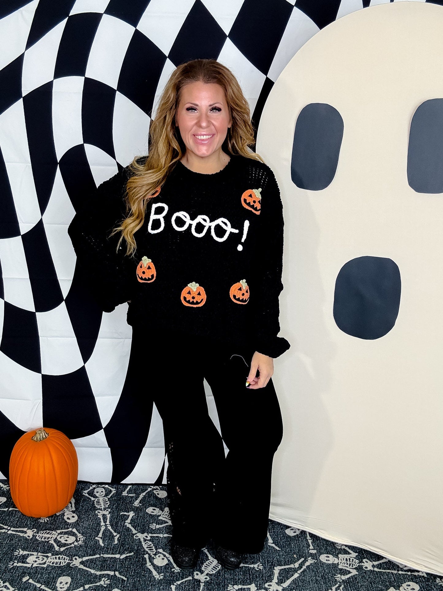 Boo! Chunky Knit Sweater With Jack-O-Lanterns - Whiskey Skies - DAVI & DANI