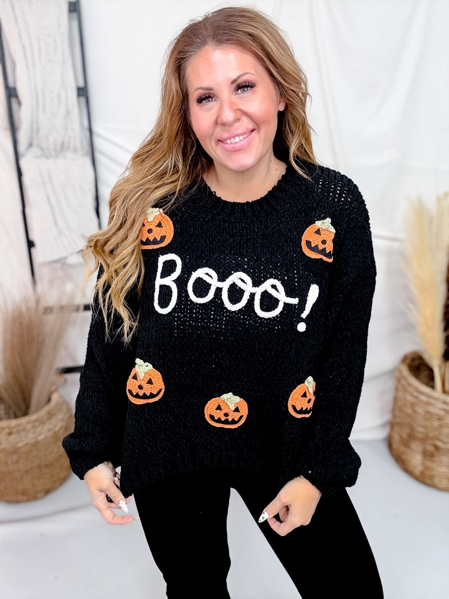 Boo! Chunky Knit Sweater With Jack-O-Lanterns - Whiskey Skies - DAVI & DANI