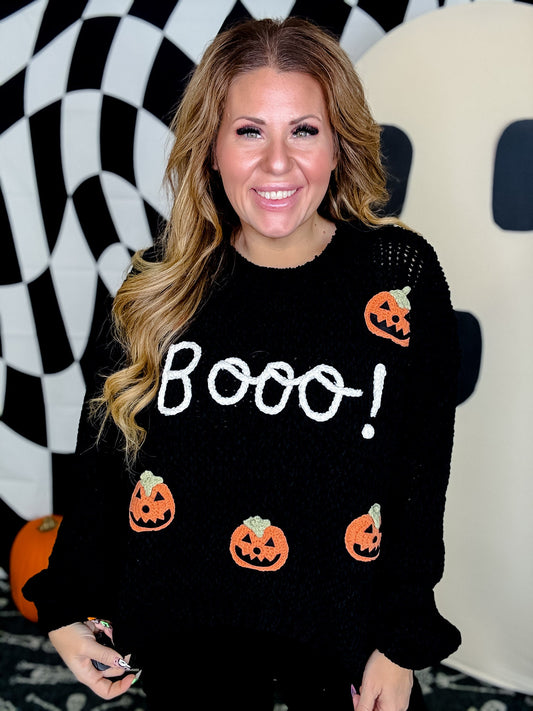Boo! Chunky Knit Sweater With Jack-O-Lanterns - Whiskey Skies - DAVI & DANI