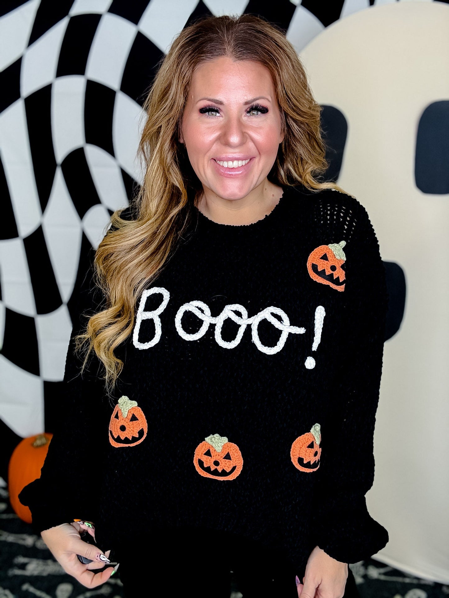 Boo! Chunky Knit Sweater With Jack-O-Lanterns - Whiskey Skies - DAVI & DANI