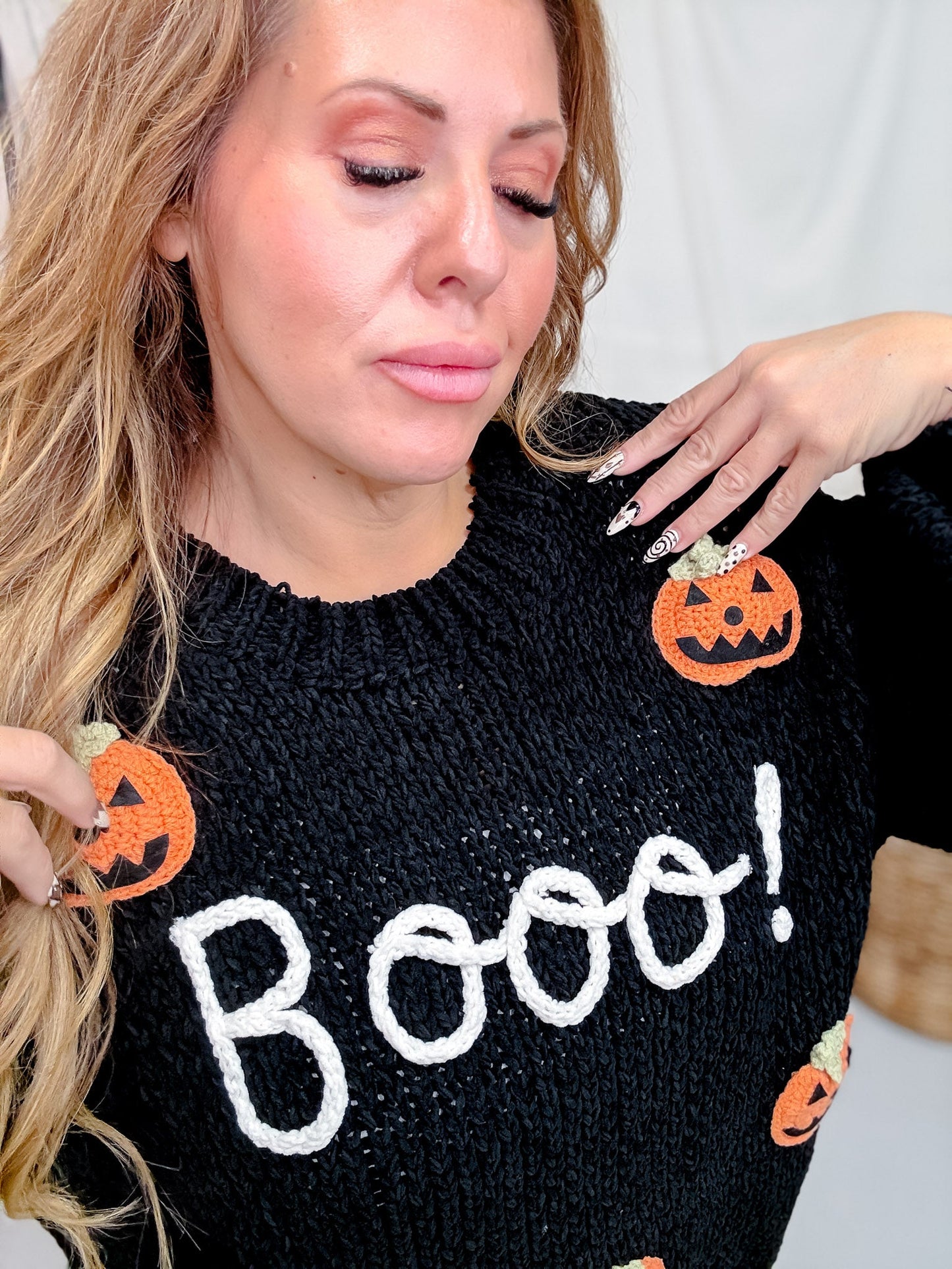 Boo! Chunky Knit Sweater With Jack-O-Lanterns - Whiskey Skies - DAVI & DANI