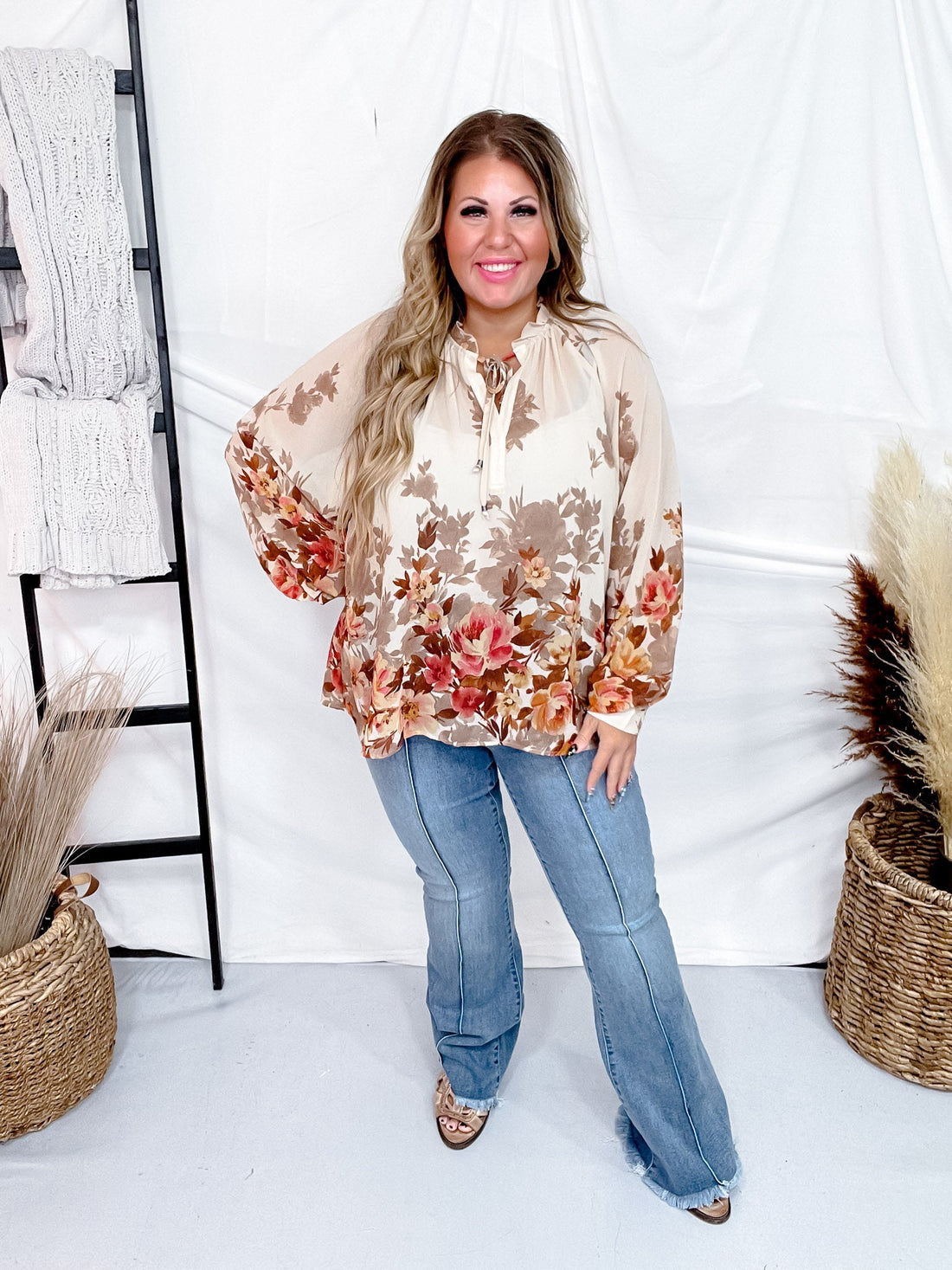 Border Floral Printed Chiffon Sheer Blouse W/ Balloon Sleeve - Whiskey Skies - EASEL