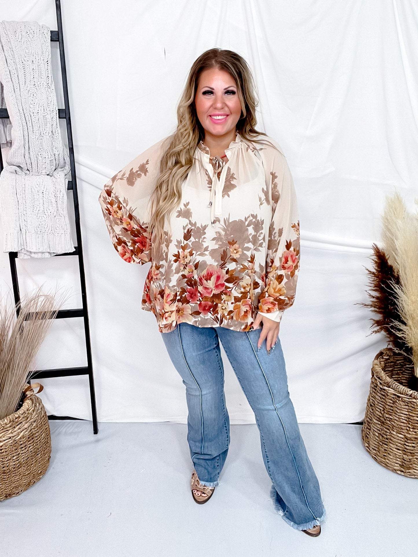 Border Floral Printed Chiffon Sheer Blouse W/ Balloon Sleeve - Whiskey Skies - EASEL