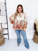 Border Floral Printed Chiffon Sheer Blouse W/ Balloon Sleeve - Whiskey Skies - EASEL