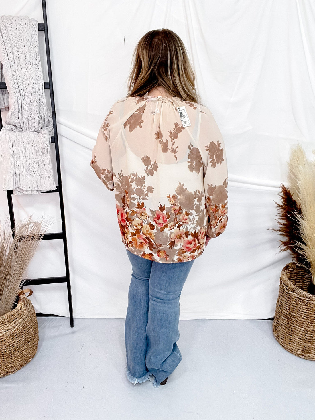 Border Floral Printed Chiffon Sheer Blouse W/ Balloon Sleeve - Whiskey Skies - EASEL