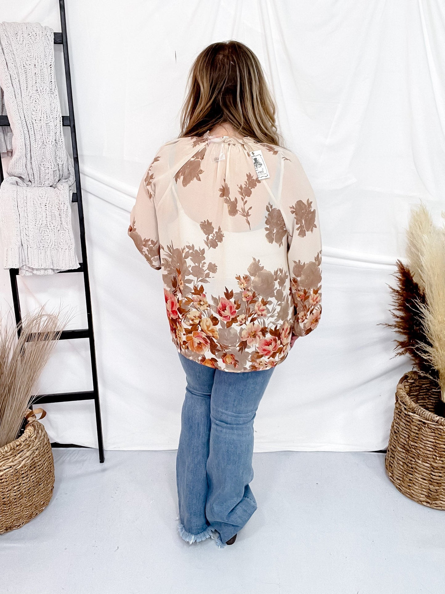 Border Floral Printed Chiffon Sheer Blouse W/ Balloon Sleeve - Whiskey Skies - EASEL