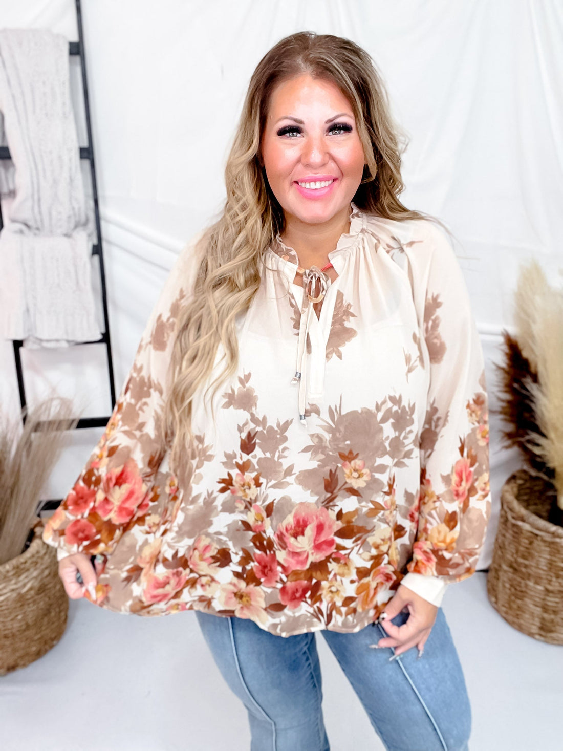 Border Floral Printed Chiffon Sheer Blouse W/ Balloon Sleeve - Whiskey Skies - EASEL