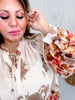 Border Floral Printed Chiffon Sheer Blouse W/ Balloon Sleeve - Whiskey Skies - EASEL