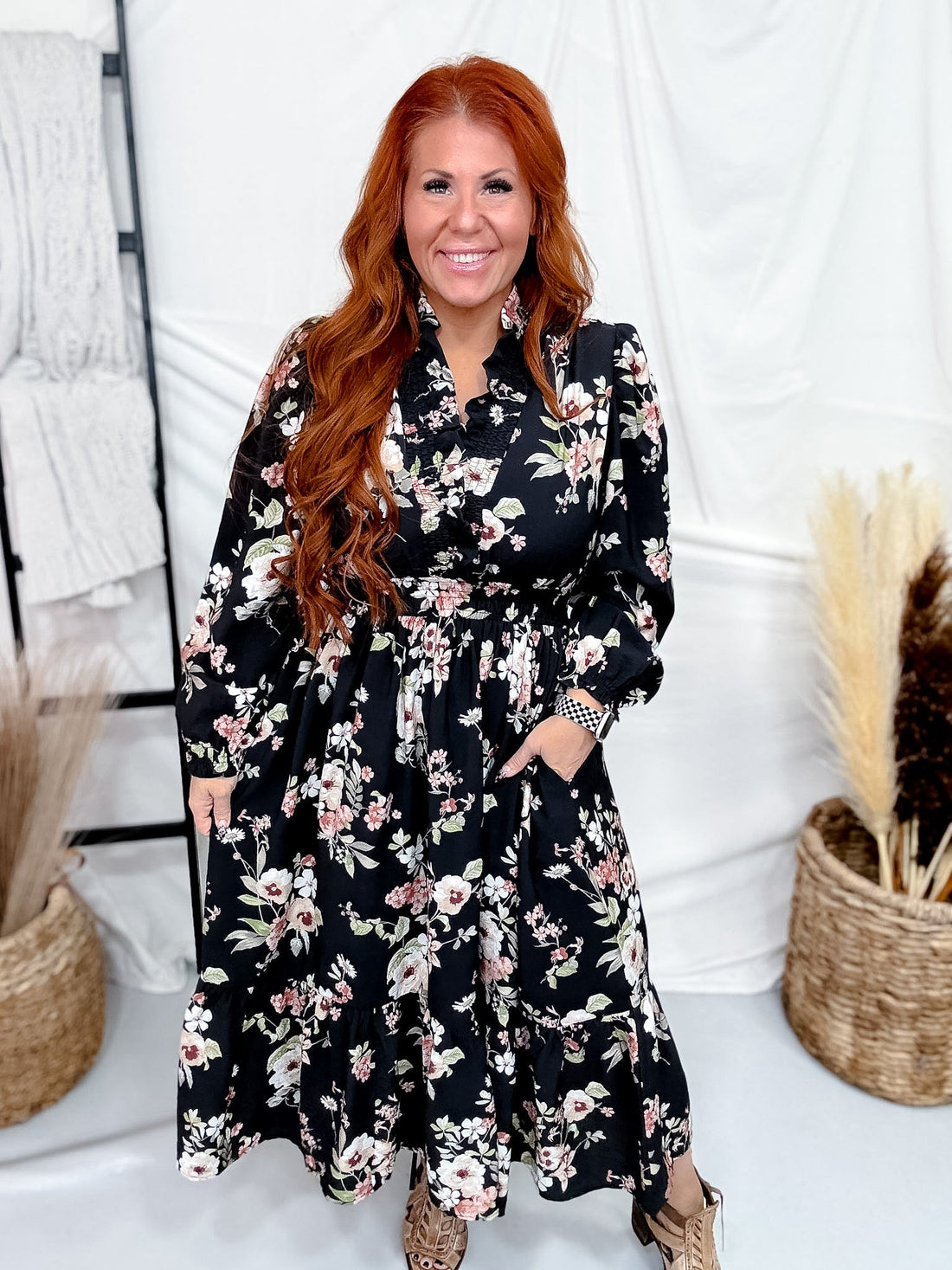 Botanical Floral Print Midi Dress With Tiered Hem - Whiskey Skies - HEIMISH