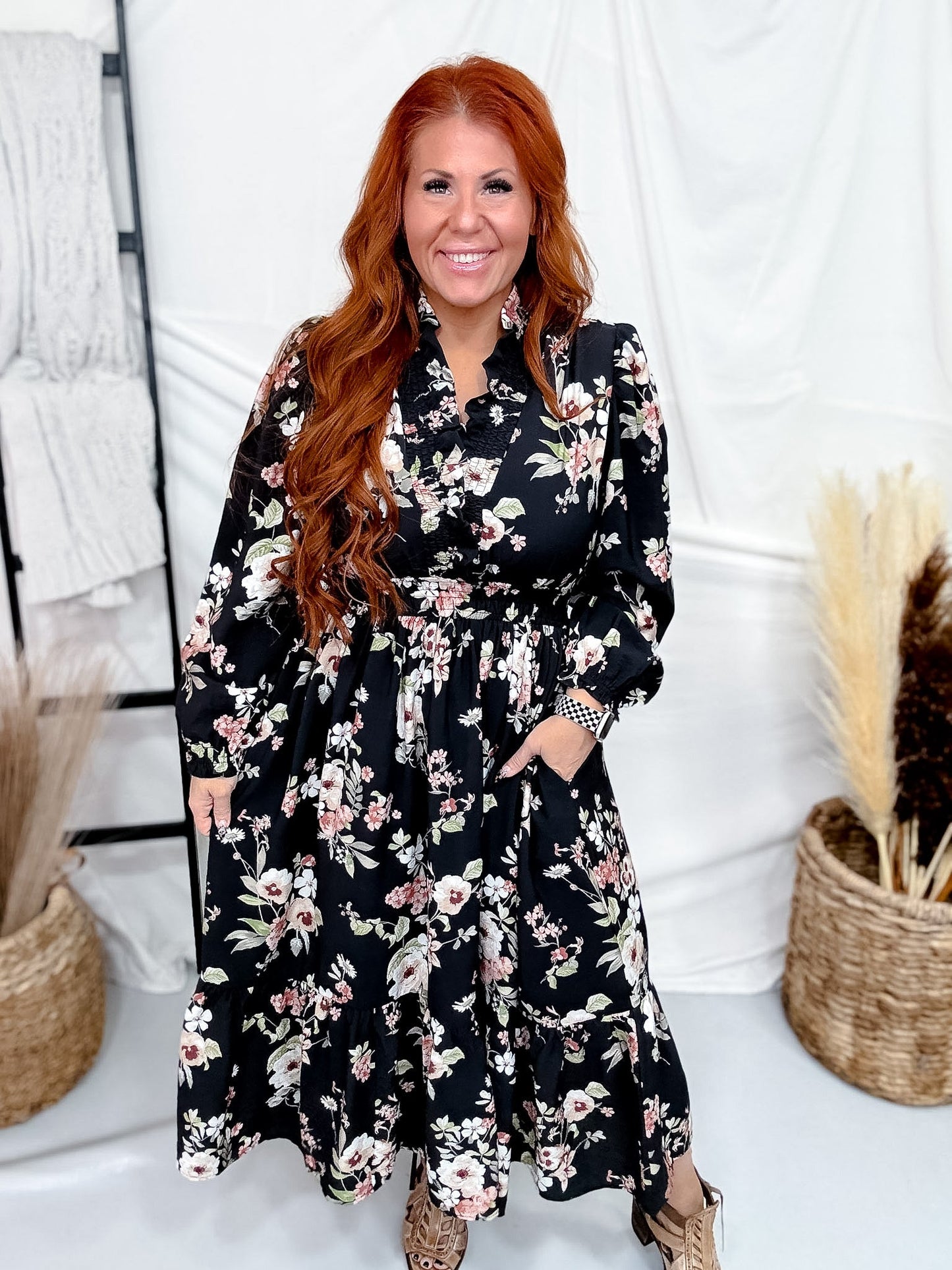 Botanical Floral Print Midi Dress With Tiered Hem - Whiskey Skies - HEIMISH