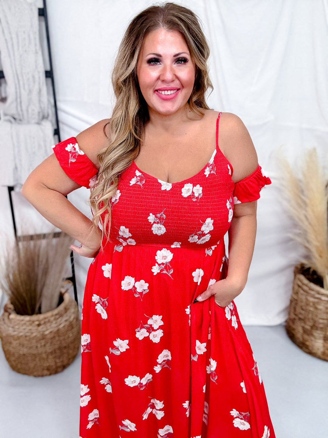 Botanical Garden Red Floral Print Maxi Dress W/ Cold Shoulder Sleeves - Whiskey Skies - DAVI & DANI