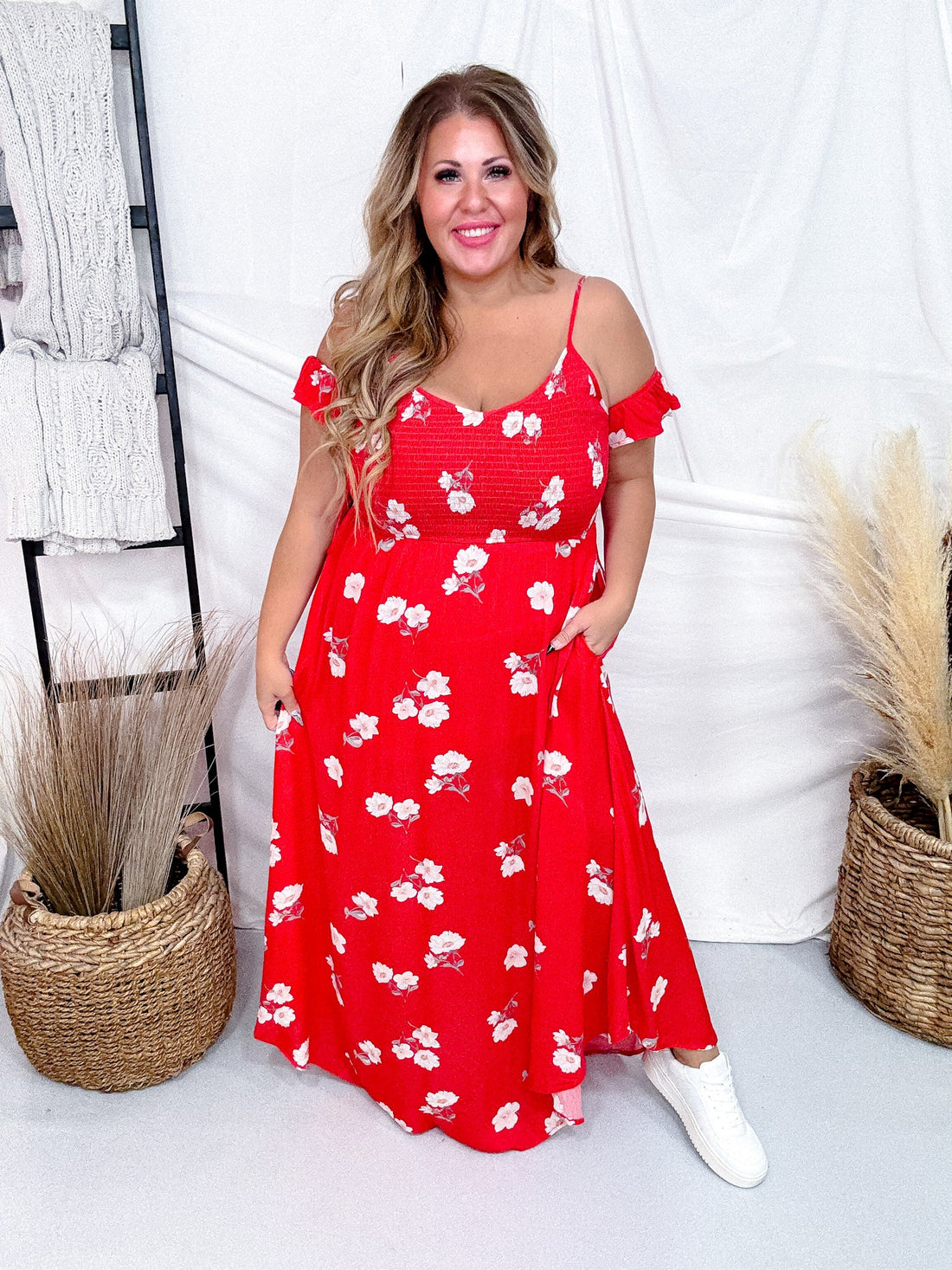 Botanical Garden Red Floral Print Maxi Dress W/ Cold Shoulder Sleeves - Whiskey Skies - DAVI & DANI