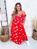 Botanical Garden Red Floral Print Maxi Dress W/ Cold Shoulder Sleeves - Whiskey Skies - DAVI & DANI