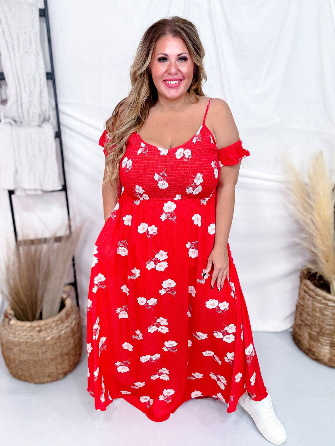 Botanical Garden Red Floral Print Maxi Dress W/ Cold Shoulder Sleeves - Whiskey Skies - DAVI & DANI