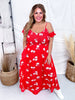 Botanical Garden Red Floral Print Maxi Dress W/ Cold Shoulder Sleeves - Whiskey Skies - DAVI & DANI